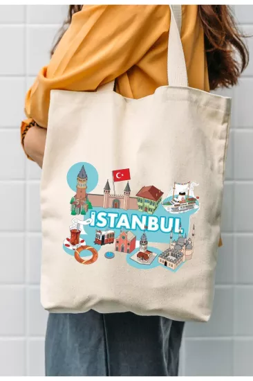 Çınar Bez Çanta Kanvas I?stanbul Açık Mavi Deniz Baskılı Bez Çanta